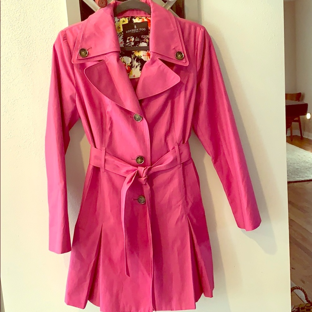 London Fog, bright pink raincoat.